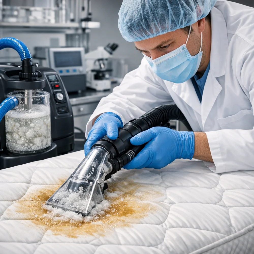 Laboratory photograph of 'Mattress Salt-Extraction'. shows a technician using a specialized vacuum and salt slurry to extract deep-set stains. High-tech medical photography, professional lighting, photorealistic 8k.