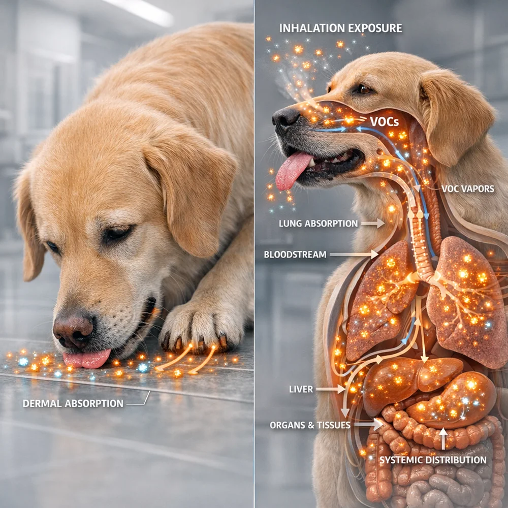 Scientific 3D model of 'Dermal and Inhalation Hazard'. shows a dog licking a floor surface and the subsequent absorption of VOC particles into its biological system. High-tech medical visualization, clinical grey and peach hues, 8k.