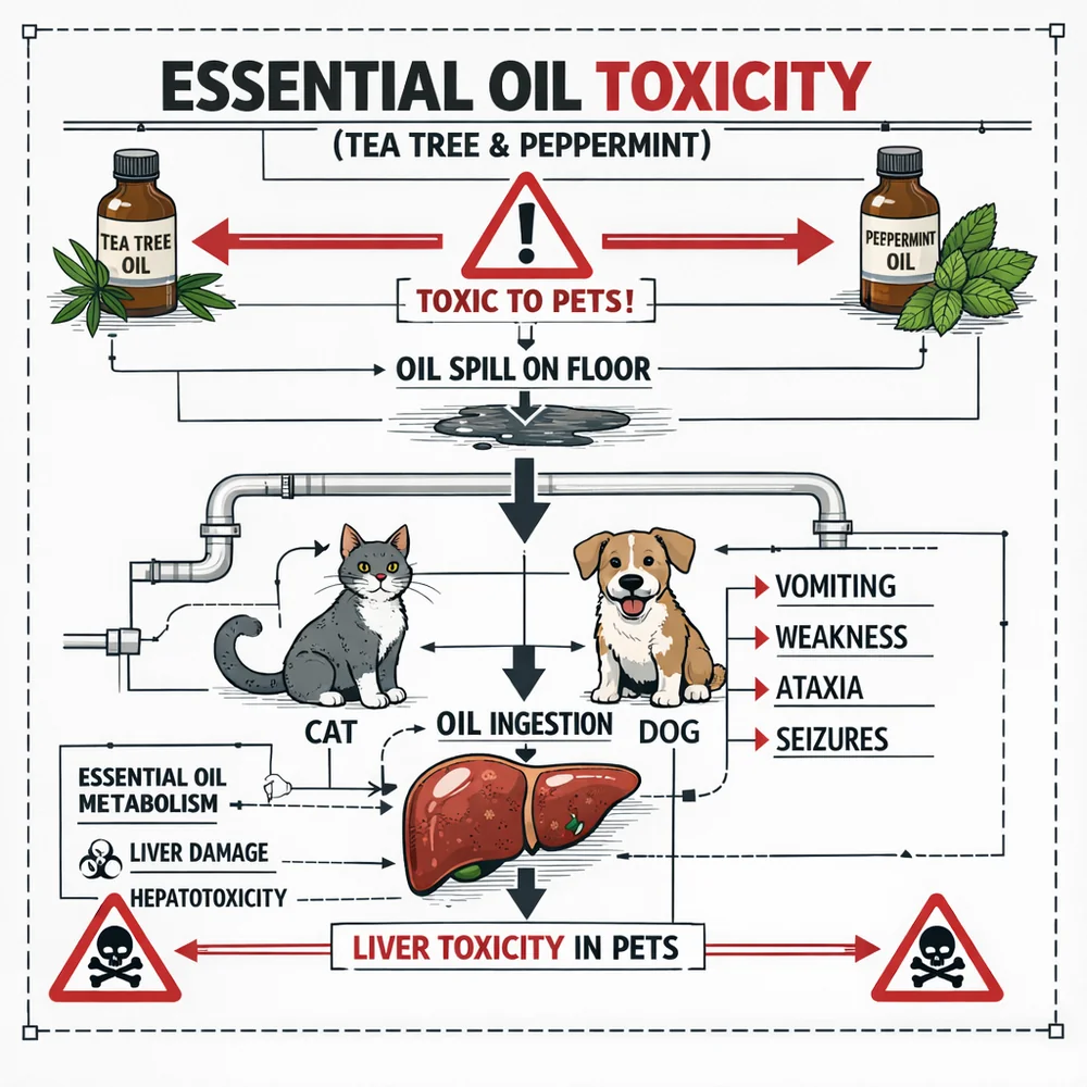 Technical diagram of 'Essential Oil Toxicity' (Tea Tree, Peppermint). illustrates how certain botanical oils are liver-toxic to cats and dogs if ingested from floors. Engineering schematic with warning markers, clinical white background.