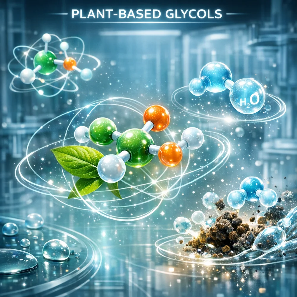 Molecular visualization of 'Plant-Based Glycols'. shows vegetable-derived surfactants that effectively clean without leaving toxic residues. High-tech medical animation style, glowing atomic paths, clean lab aesthetic.