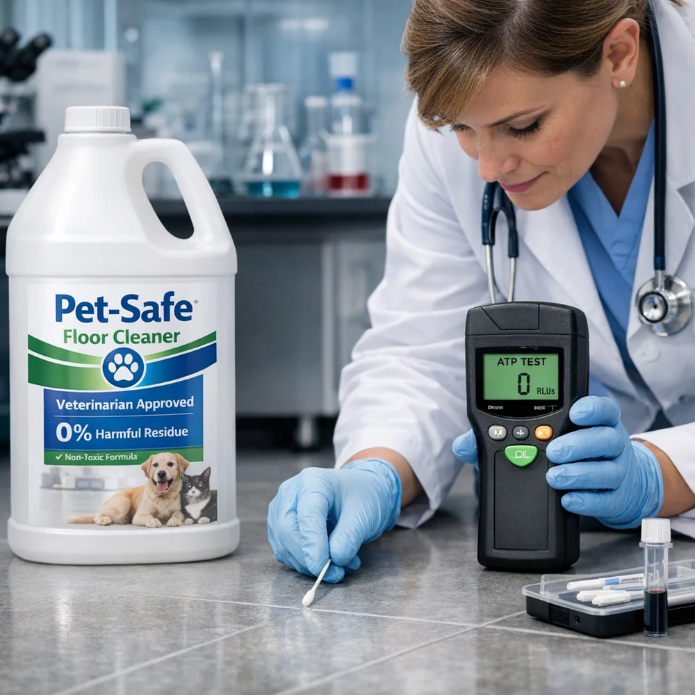 Professional setup of 'Pet-Safe Testing'. shows a veterinarian-approved floor cleaner being validated for 0% harmful residue using ATP swabbing. High-tech medical photography, professional lighting, photorealistic 8k.