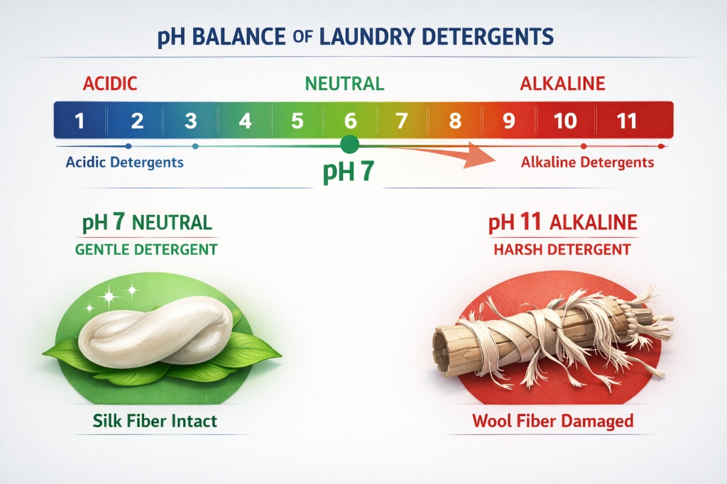Clean infographic-style 3D render of a pH scale from 0 to 14. Markers indicate 'Skin Acid Mantle' (5.5), 'Neutral Detergent' (7.0), and 'Standard Detergent' (10.5). High-tech medical aesthetic, professional data visualization, sterile lab style.