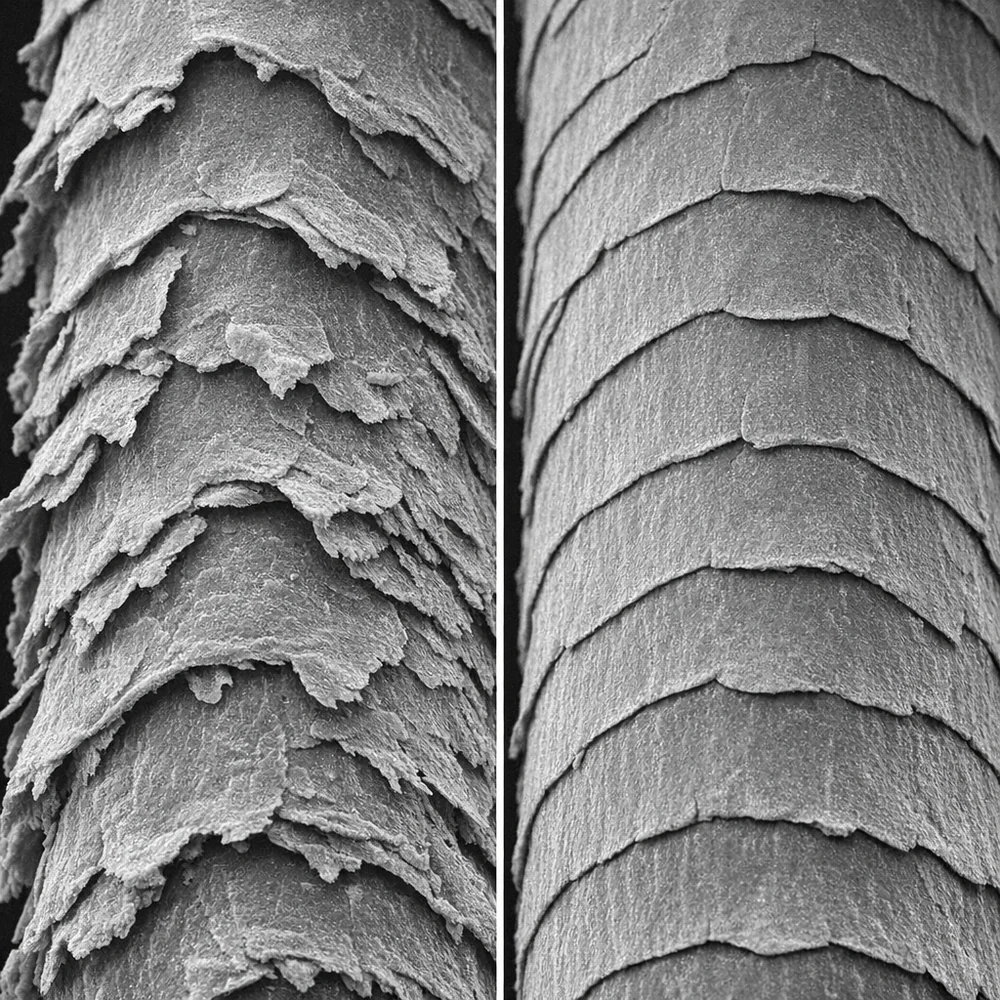 Split-screen scanning electron microscopy (SEM) of wool fibers. The left side shows jagged, 'lifted' scales from alkaline exposure; the right side shows smooth, flat scales from pH-neutral care. Scientific monochrome aesthetic, 8k.