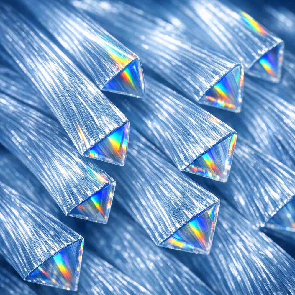 Microscopic view of silk fibroin filaments. The triangular cross-sections of the fibers are reflecting light with a prismatic effect. Clinical blue lighting, sharp detail, 4k resolution, scientific focus on textile luster.