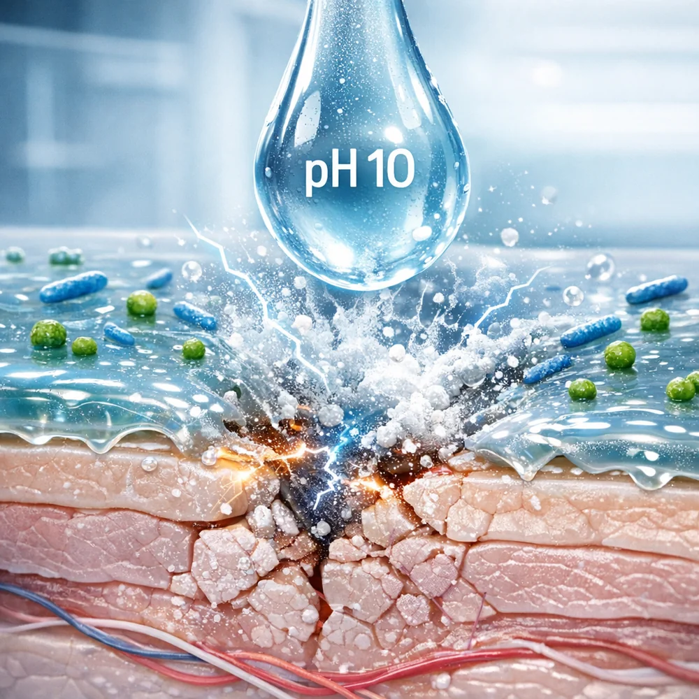 3D visualization of the skin's Acid Mantle: a protective thin film of lipids and beneficial bacteria being neutralized by a drop of high-pH detergent. Visual disruption of the barrier. High-tech medical animation style, clinical tone.