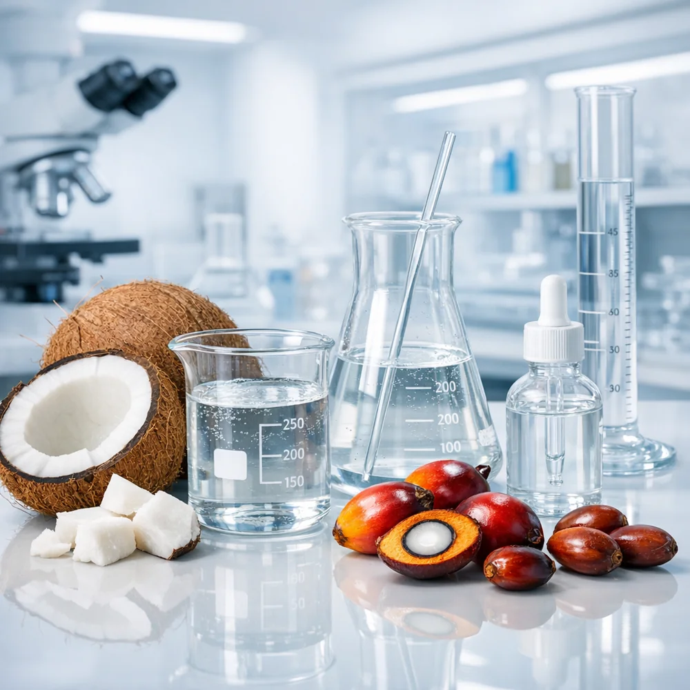 Scientific arrangement of open coconuts and palm kernels next to beakers of clear surfactant liquid. High-tech laboratory background, clinical lighting, 8k.
