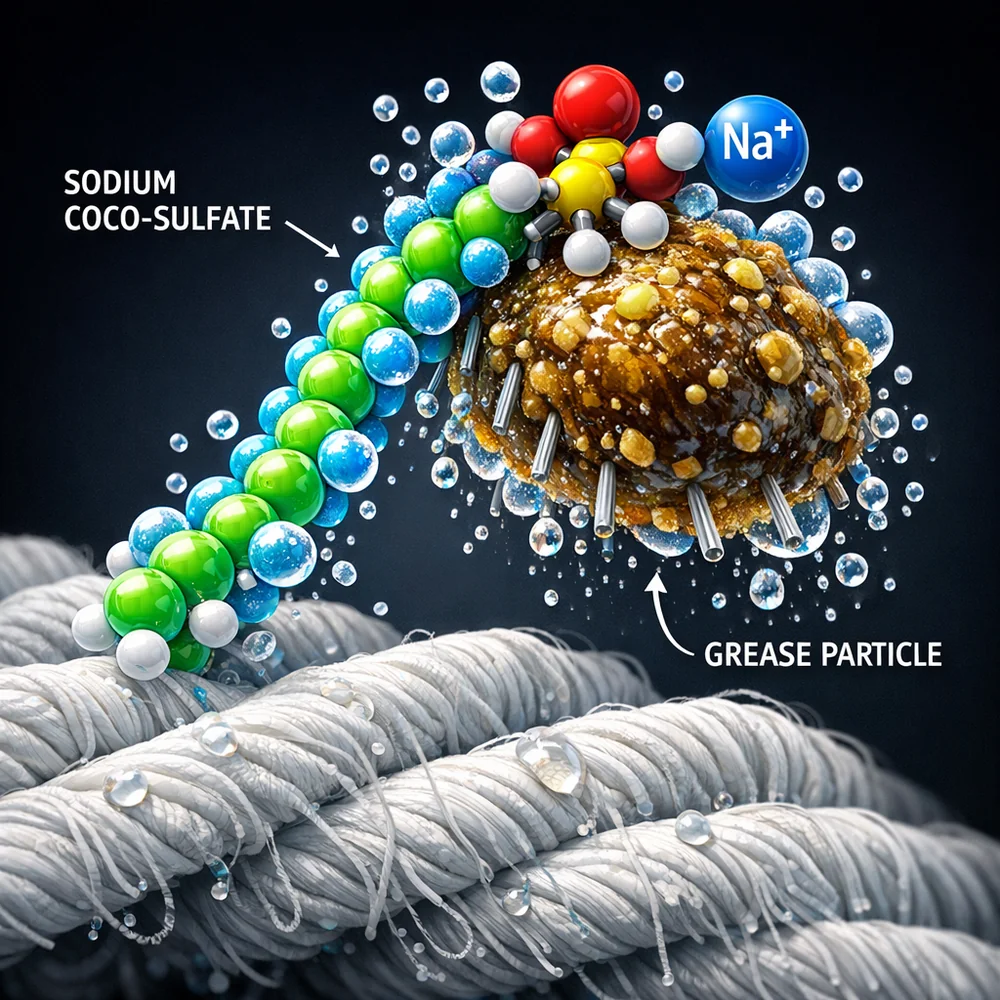 Molecular visualization of a Sodium Coco-Sulfate molecule lifting a grease particle from cotton fibers. Vibrant 3D structures, clinical dark background, high-contrast.