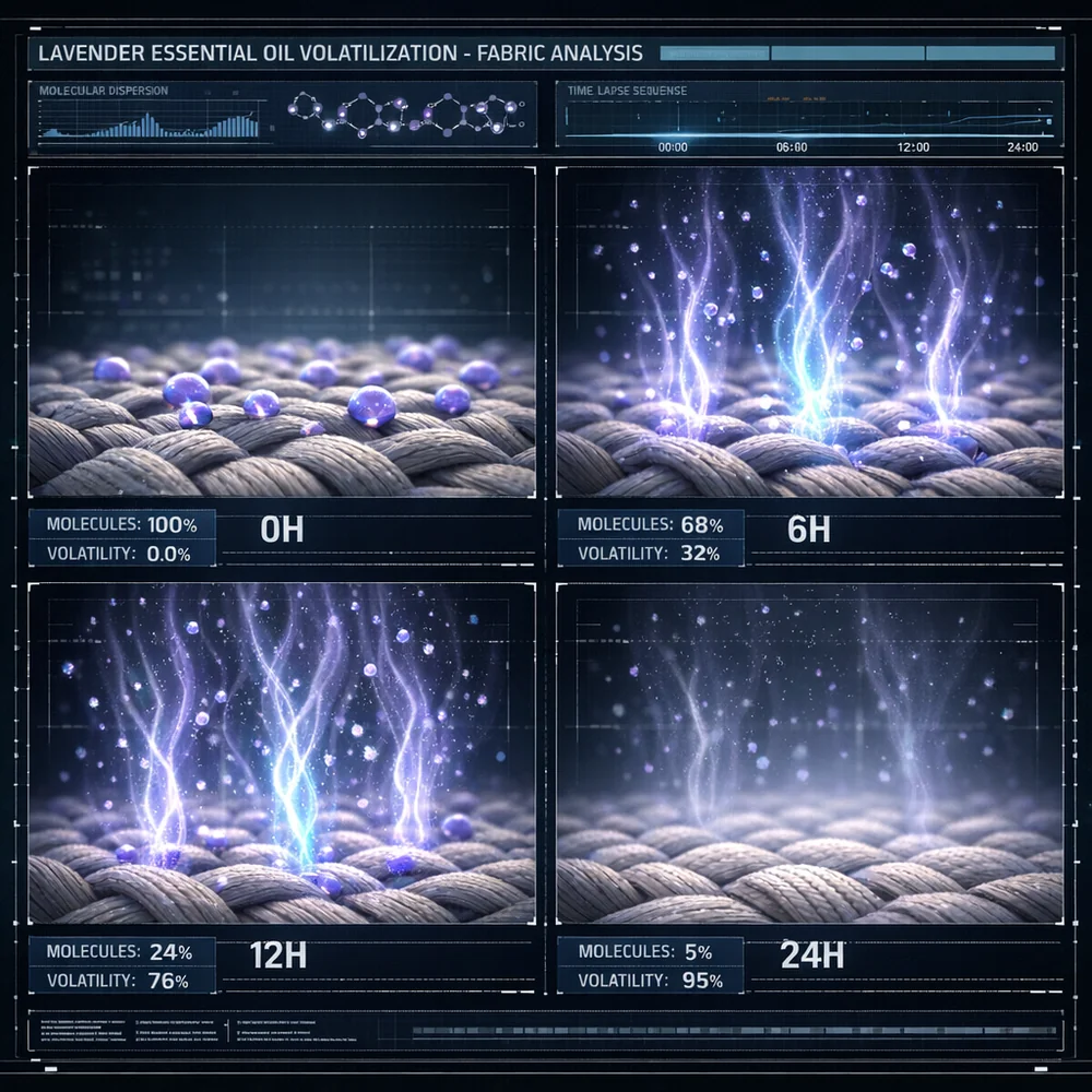 Time-lapse style 3D render of essential oil molecules (Lavender) volatilizing from fabric over 24 hours. Glowing vapor trails, technical interface, clinical aesthetic.