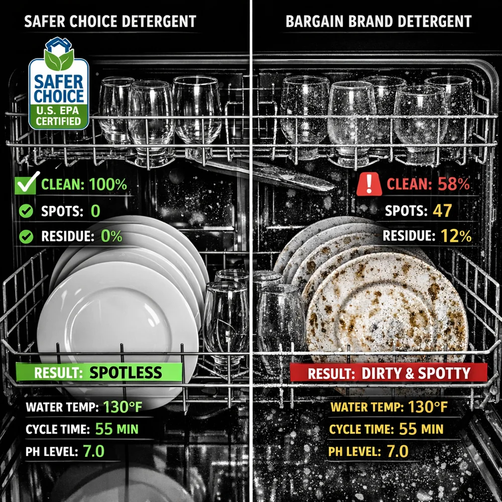 Split-screen dishwasher test: one side showing a 'Safer Choice' certified detergent result, the other a bargain brand. Diagnostic data overlay, high-contrast scientific photography.