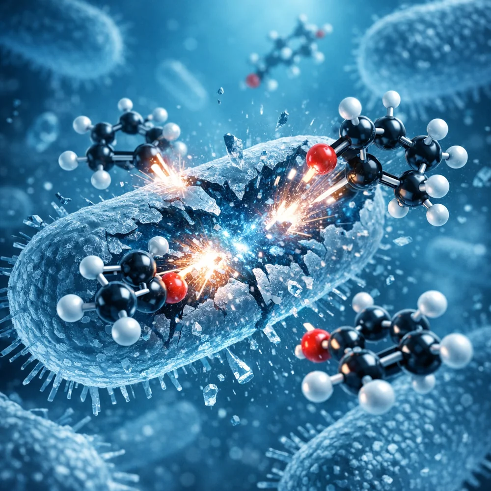 Microscopic visualization of Thymol molecules rupturing a bacterial cell wall. High-tech medical animation style, clinical blue lighting, 3D rendering.