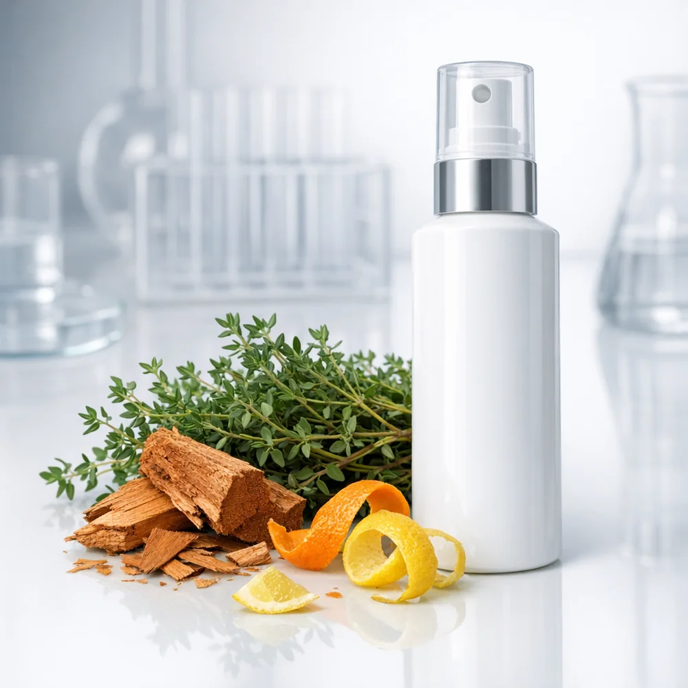 Professional arrangement of thyme herbs, cedar wood, and citrus peels next to a clinical spray bottle. Soft technical lighting, laboratory aesthetic, 8k.