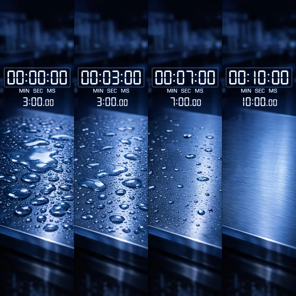 Time-lapse style clinical test showing a surface remaining wet for exactly 10 minutes. Digital stopwatch overlay, diagnostic lighting, technical focus.