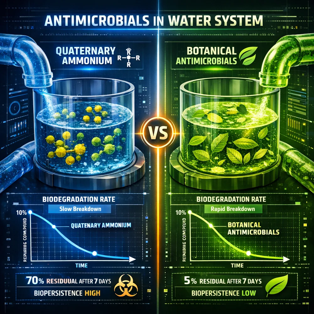 3D visualization of Quaternary Ammonium vs Botanical antimicrobials in a water system, showing different biodegradation rates. Data interface, high-contrast.