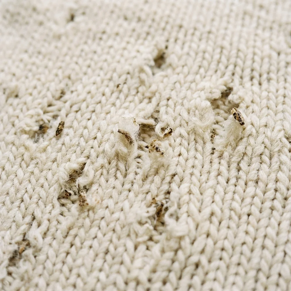 Extreme macro of a Clothes Moth larvae (Tineola bisselliella) consuming a wool fiber. Visible keratin scales on the fiber being digested. High-tech biological rendering, clinical lighting, 8k resolution, sharp focus.