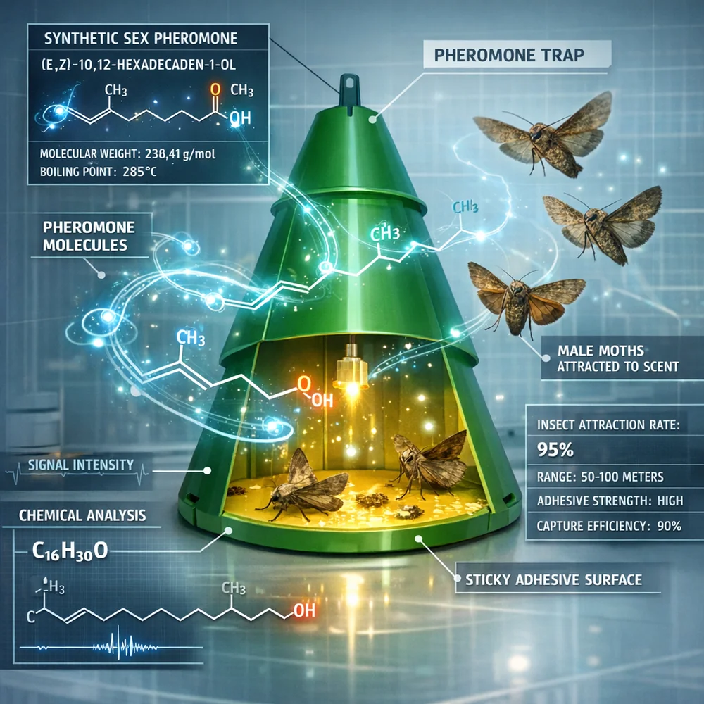 Scientific representation of 'Pheromone Trap' mechanics. Shows synthetic sex pheromone molecules attracting male moths toward a sticky adhesive surface. Technical data overlay, glowing chemical markers, clean lab aesthetic.