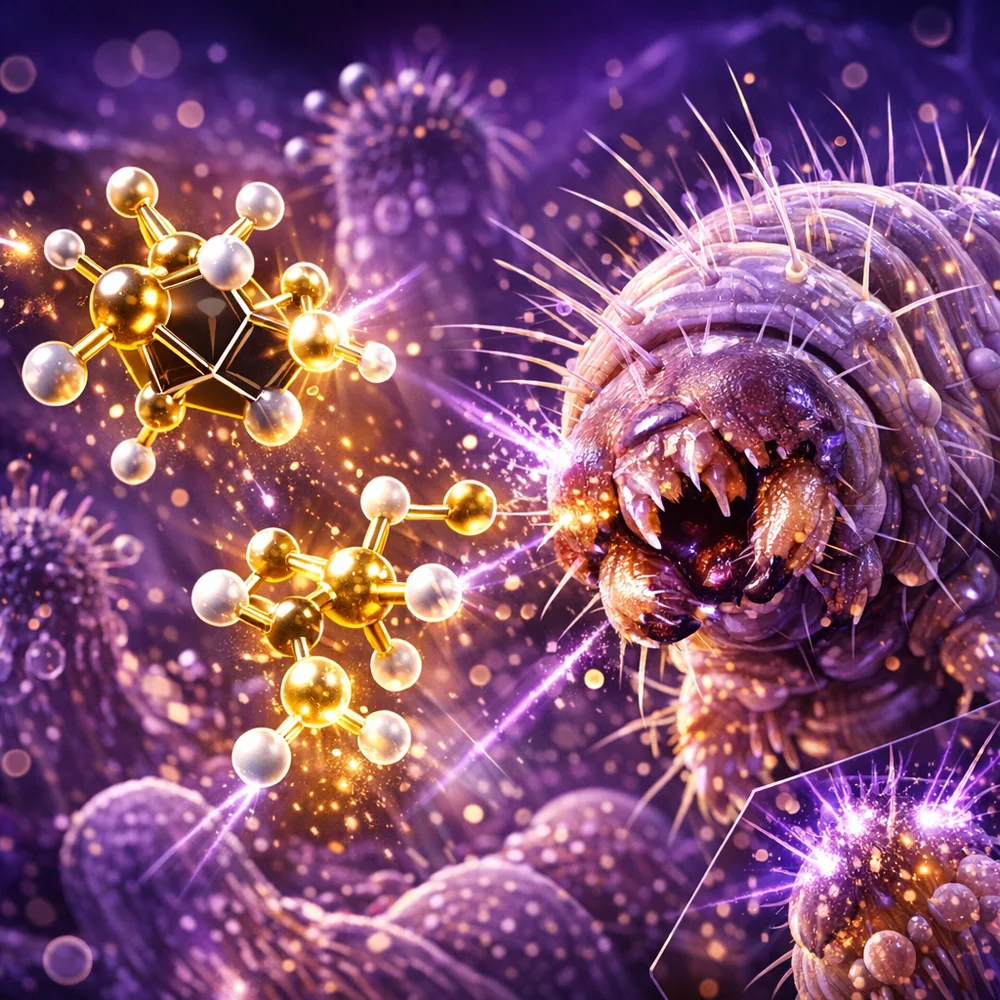 Molecular visualization of 'Cedar Oil' volatiles (Cedrol) acting as a larval repellant. Shows the aromatic molecules disrupting the sensory receptors of a moth larvae. High-tech medical animation style, purple and gold palette, 4k.