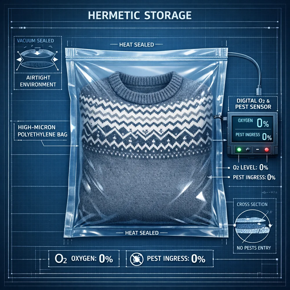 Technical 3D render of a 'Hermetic Storage' protocol. shows a wool sweater inside a high-micron polyethylene bag with a digital sensor indicating 0% oxygen and 0% pest ingress. Engineering schematic, clinical blue lighting.