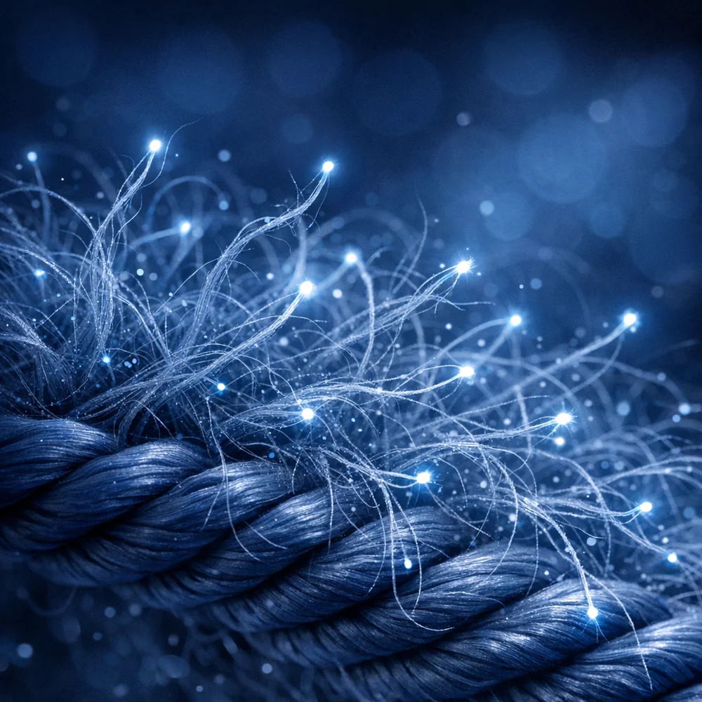 Microscopic visualization of fiber migration. Shows short-staple fibers 'teasing' out of a low-twist yarn core to form a surface fuzzy entanglement. High-tech scientific rendering, glowing fiber ends, dark blue aesthetic, 4k.