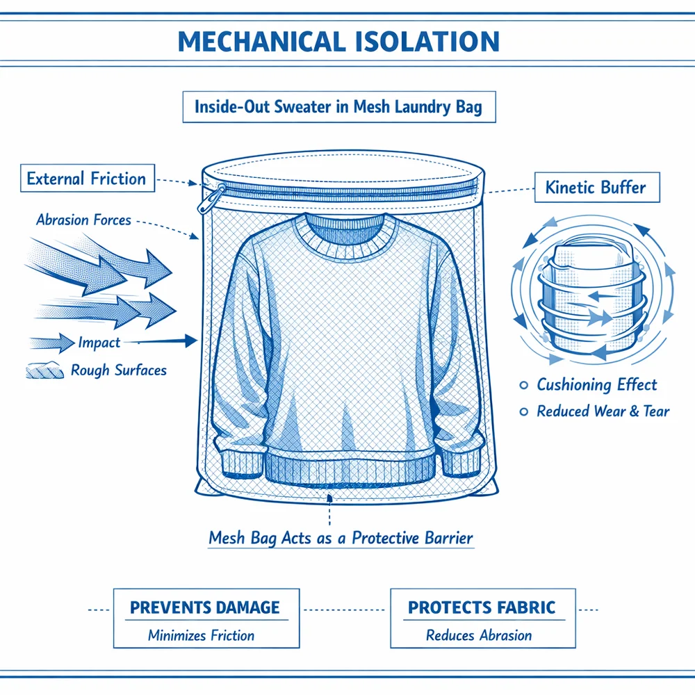 Technical diagram of 'Mechanical Isolation'. Shows a sweater inside-out within a fine-mesh laundry bag, illustrating how the bag acts as a kinetic buffer against external friction. Engineering schematic style, clean blue and white palette.