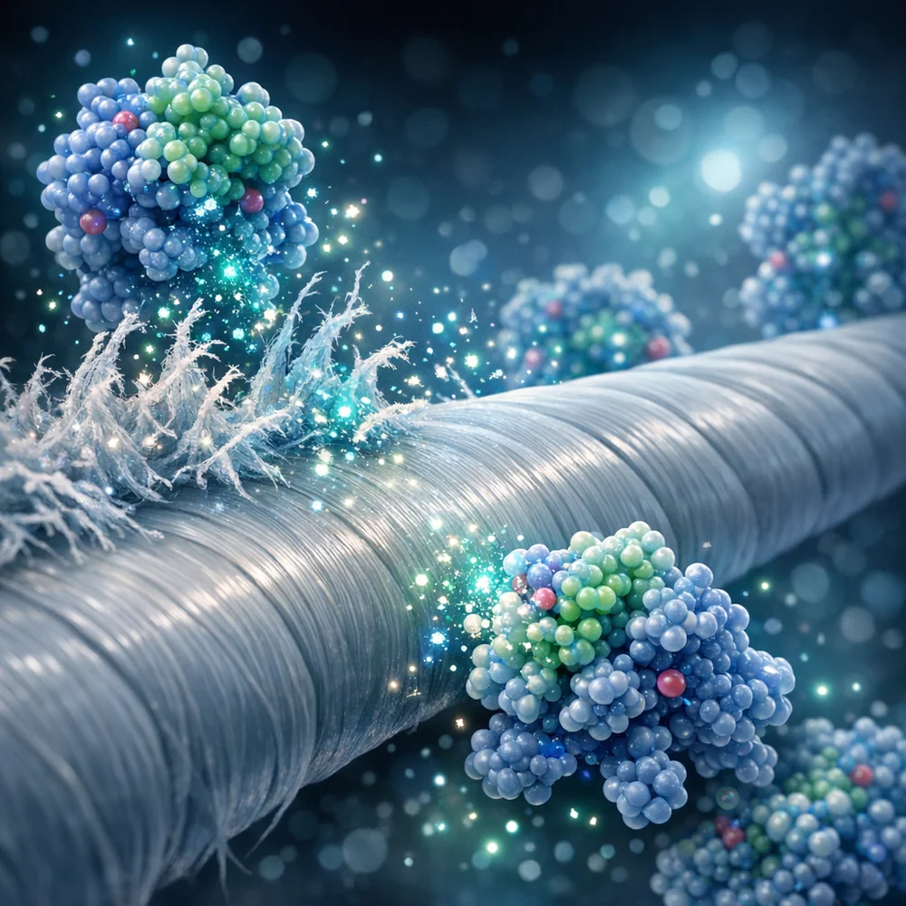 Molecular visualization of Cellulase enzymes 'bio-polishing' a cotton fiber. The enzymes are shown digesting microscopic fuzz (protruding micro-fibrils) to leave a smooth surface. High-tech medical animation style, glowing chemical particles, 8k.