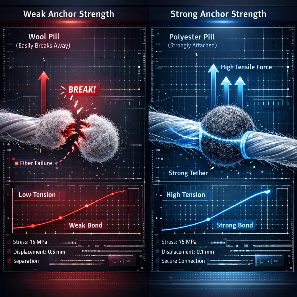 Comparison of 'Anchor Strength'. Left: A wool pill easily breaking away. Right: A high-tenacity polyester pill with a strong tether that resists severance. Scientific visualization showing tensile force vectors, high-tech data overlay, clinical tone.