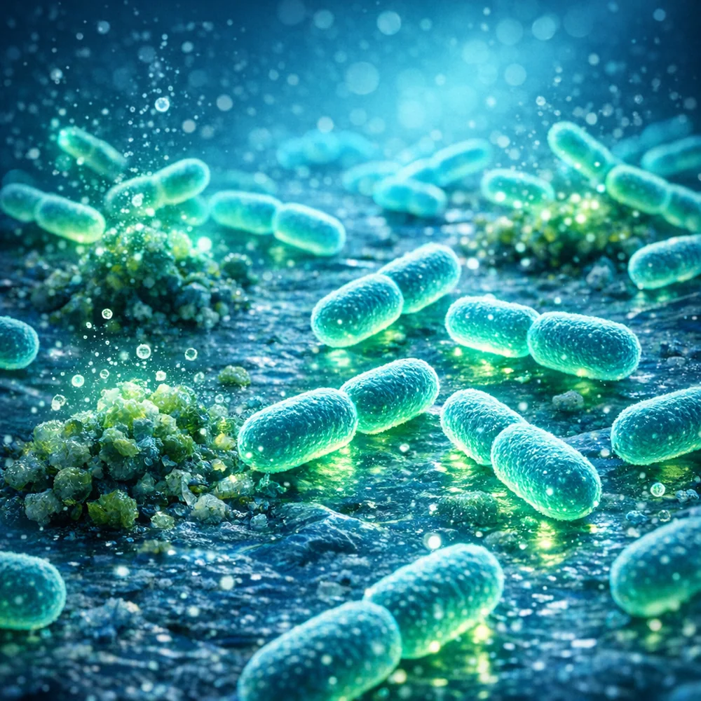 Extreme macro of a surface where live probiotic bacteria (*Bacillus*) are multiplying and consuming organic waste particles. High-tech scientific rendering, glowing biological colonies, clinical blue aesthetic, 8k.