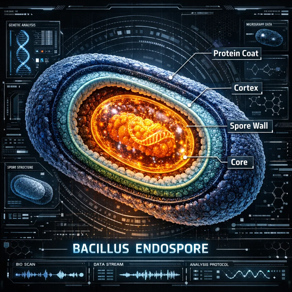 3D medical visualization of a *Bacillus* endospore showing its multi-layered protective cortex and protein coat. High-tech scientific interface, detailed cross-section, dark technical background.