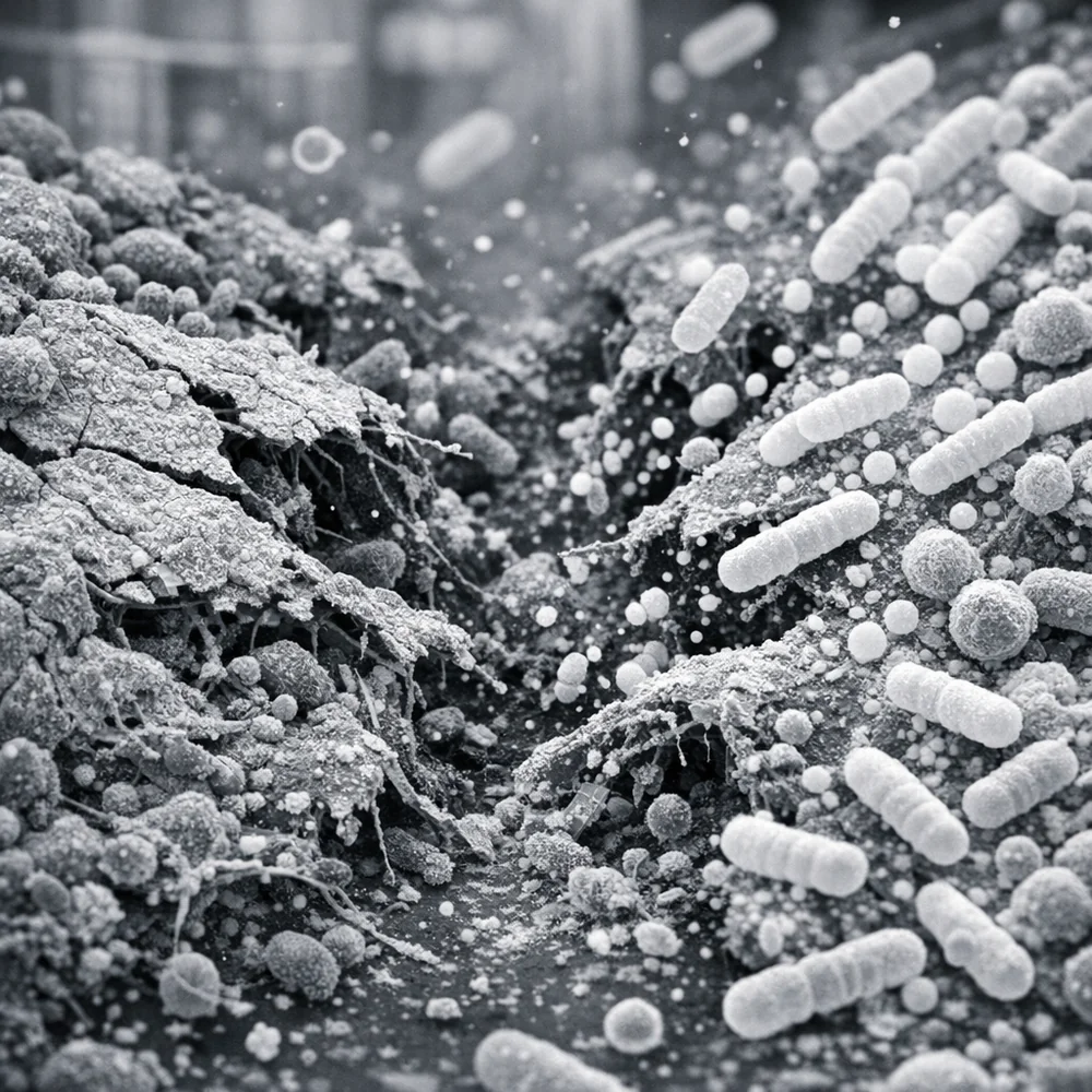 Microscopic view of a pathogenic biofilm being disrupted by probiotics. The biofilm matrix is showing visible cracks and degradation. Clinical laboratory aesthetic, high-contrast, photorealistic.