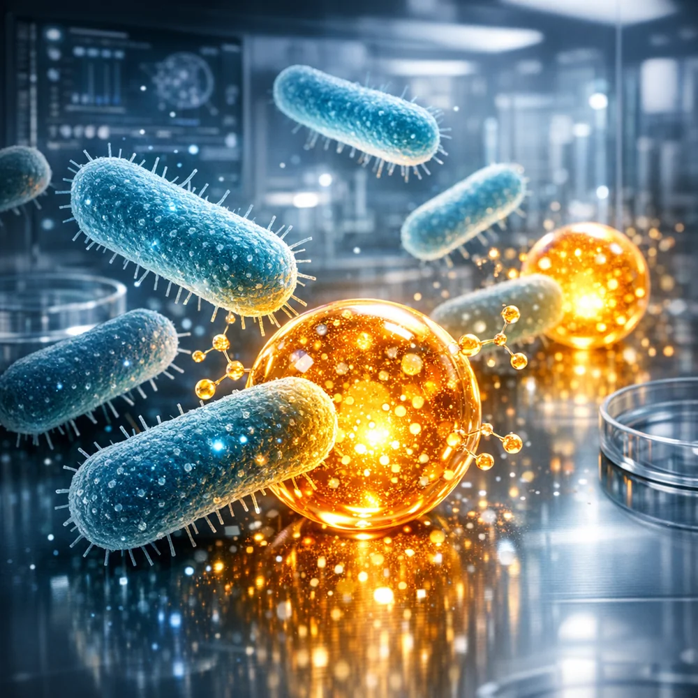 Visual representation of Synbiotics: live probiotic bacteria paired with a glowing amber prebiotic nutrient (sugar-based fuel). High-tech scientific rendering, 8k resolution, sterile lab aesthetic.