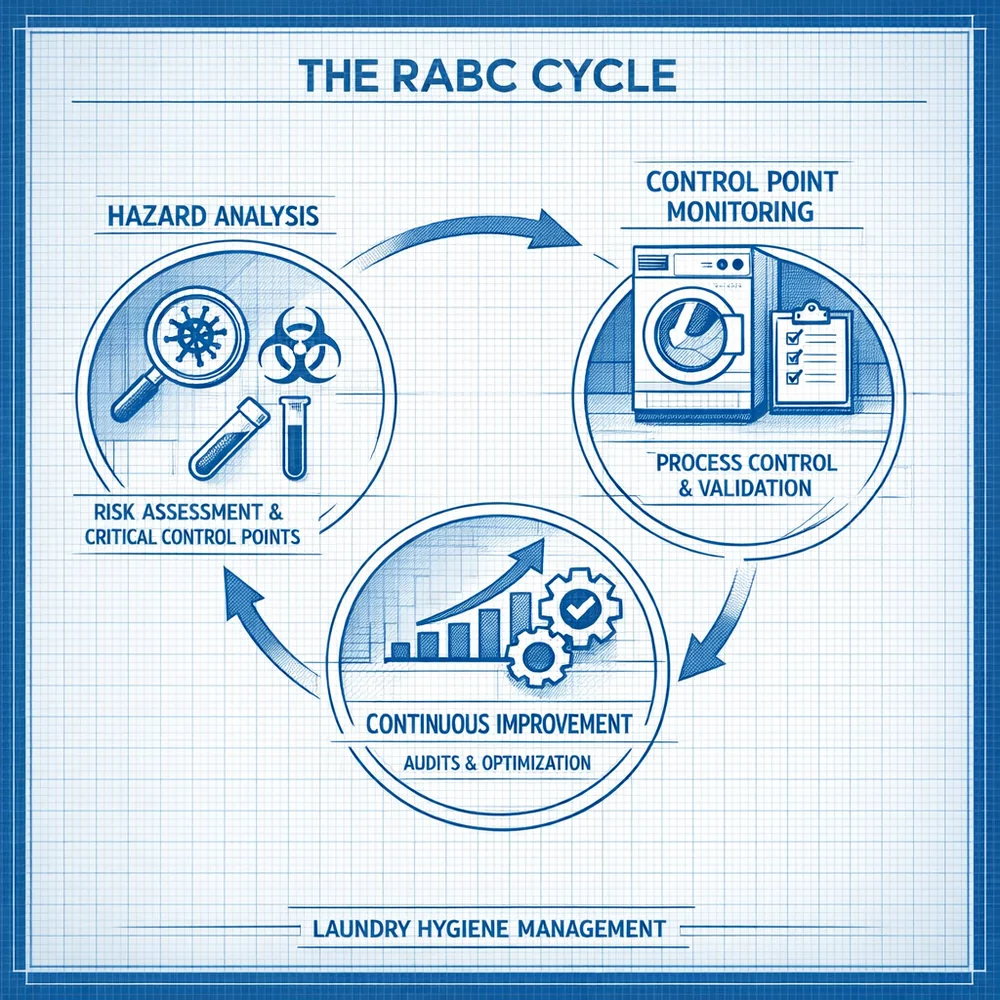Technical diagram of 'The RABC Cycle'. shows the circular path of Hazard Analysis, Control Point Monitoring, and Continuous Improvement for laundry hygiene. Engineering blueprint style, clinical blue and white, 8k.
