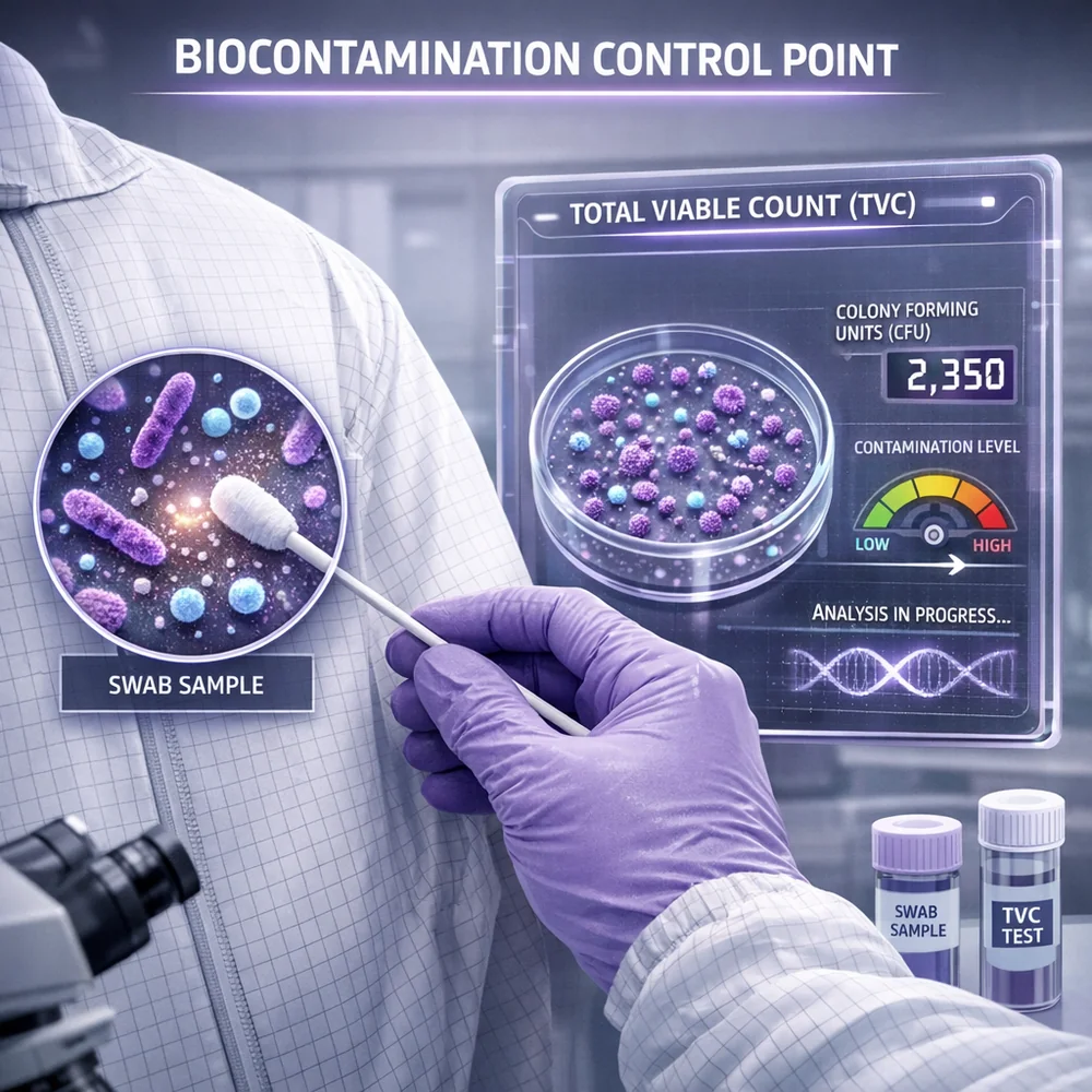 Scientific 3D model of 'Biocontamination Control Point'. Shows a microbial swab test being analyzed for 'Total Viable Count' (TVC) on a cleanroom garment. High-tech medical visualization, clinical grey and purple hues.