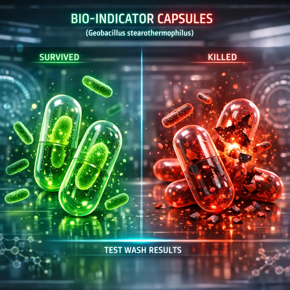 Molecular visualization of 'Bio-Indicator Capsules' (Geobacillus stearothermophilus) survived and killed in a test wash. High-tech medical animation style, glowing biological particles, clean lab aesthetic.