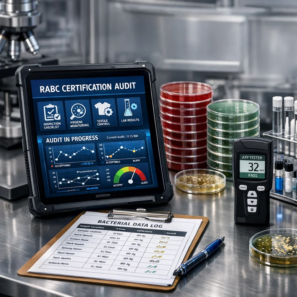 Professional setup of 'RABC Certification Audit'. features a digital inspection tablet and a collection of bacterial data logs on a stainless steel clinical bench. High-tech industrial photography, 8k resolution.