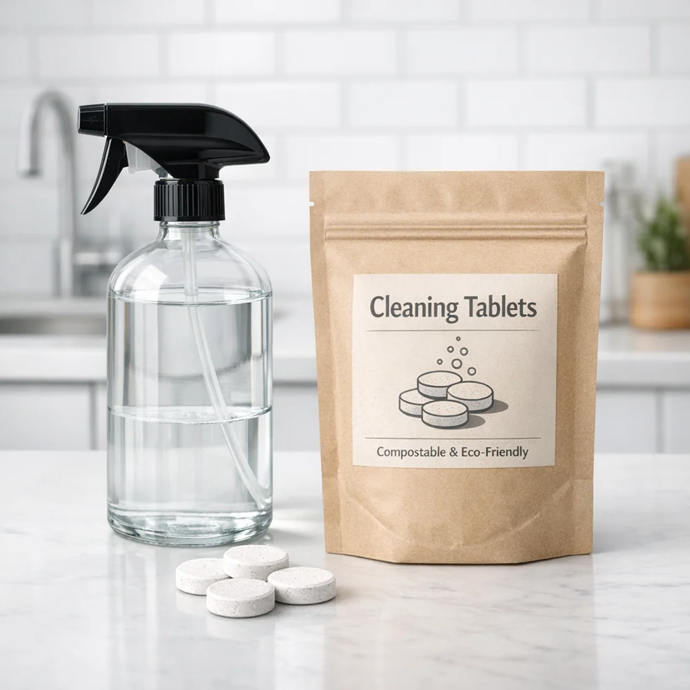 Professional setup of a refillable glass spray bottle, three effervescent tablets, and a compostable paper pouch. Clinical kitchen aesthetic, soft technical lighting, 8k.