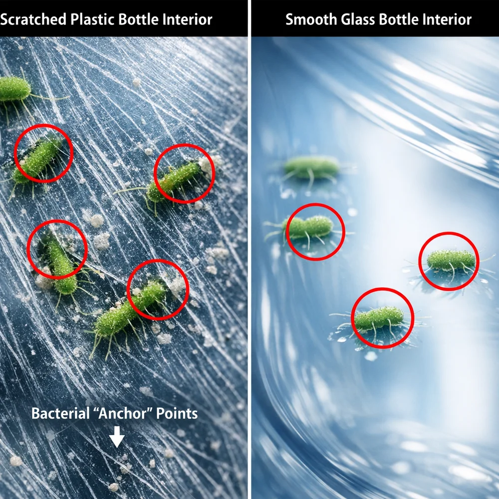 Macro comparison of a scratched plastic bottle interior vs a smooth glass bottle interior. Highlighting bacterial 'anchor' points. Scientific contrast, clinical lighting.