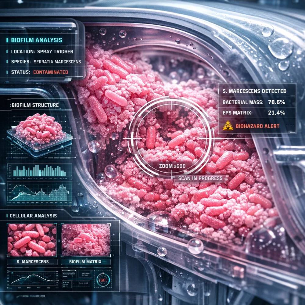 Microscopic view of a pink biofilm (Serratia marcescens) inside a spray trigger mechanism. High-tech biological rendering, diagnostic data overlay, clinical aesthetic.