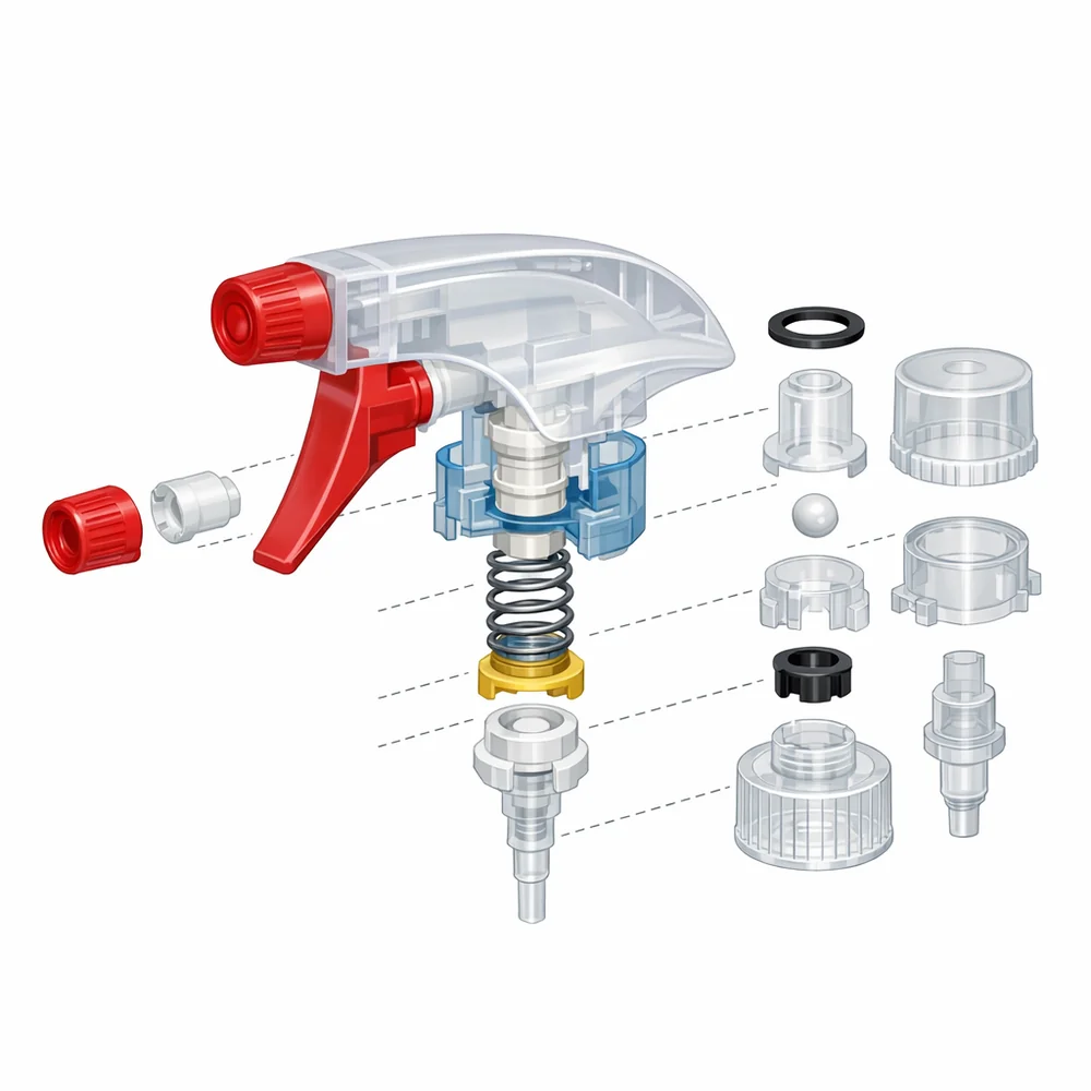 Exploded view of a trigger sprayer mechanism, showing the internal metal spring and multiple plastic polymers. Technical engineering diagram style, 3D render.