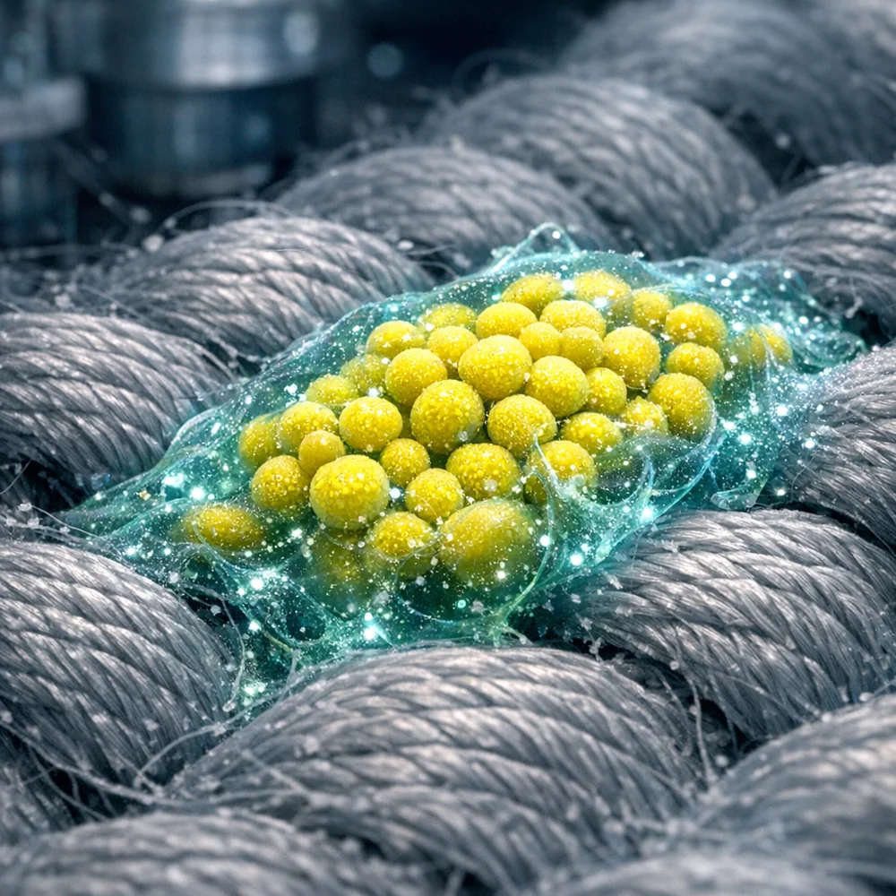 Electron microscope view (SEM) of a polyester microfiber cross-section showing a bacterial biofilm colony (Micrococcus) embedded within the fiber's waffle-like texture. High-tech scientific visualization, sterile lab aesthetic.