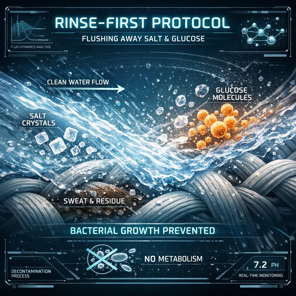Scientific visualization of an activewear fiber drying rapidly in a well-ventilated environment. Arrows show moisture vapor wicking away from the fiber surface. Cross-section view, high-tech interface, 4k.