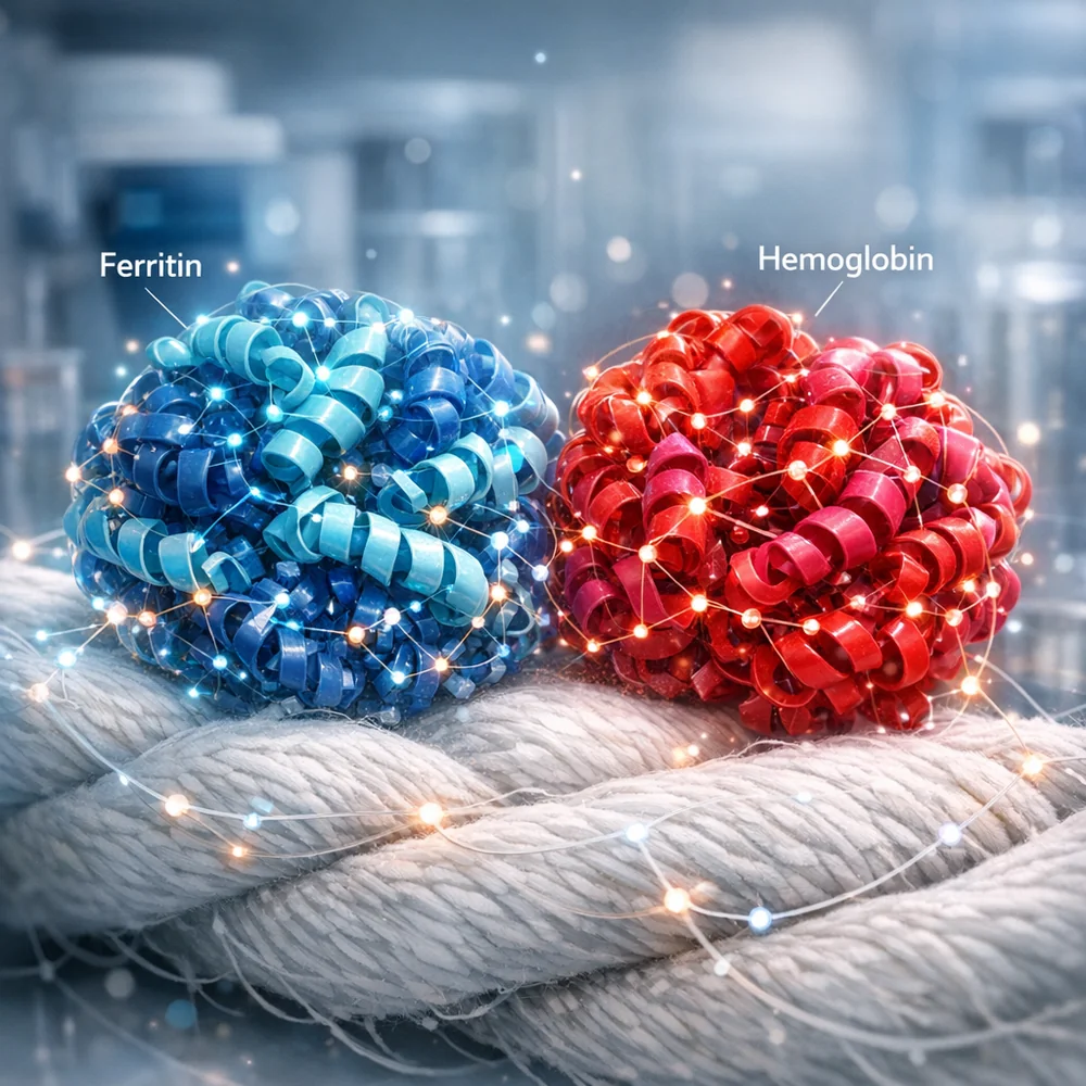 Molecular visualization of 'Ferritin and Hemoglobin' protein chains. Shows the complex interlocking structure of blood proteins on a cotton fiber. High-tech scientific rendering, glowing atomic connections, clean lab aesthetic, 8k.