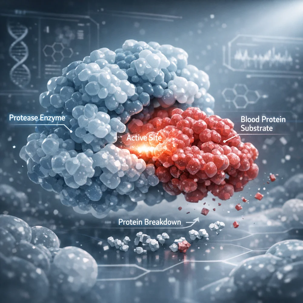Scientific representation of 'Enzyme-Substrate Active Site'. shows a Protease enzyme molecule docking with a blood protein to catalyze its breakdown. High-tech medical animation style, clinical grey and blue, 4k.