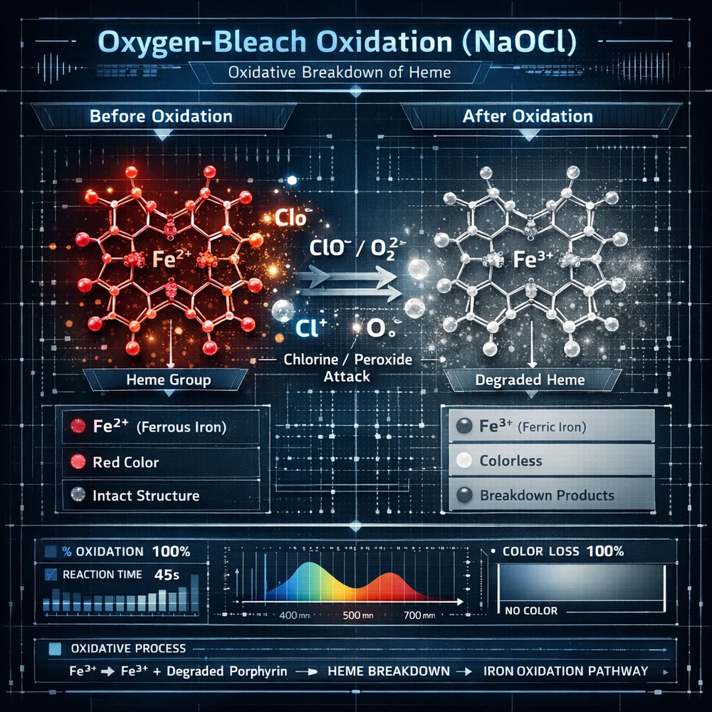 Technical diagram of 'Oxygen-Bleach Oxidation' (NaOCl). shows chlorine or peroxide ions attacking the heme group to strip its color. Engineering schematic, data-driven visualization, high-tech interface.