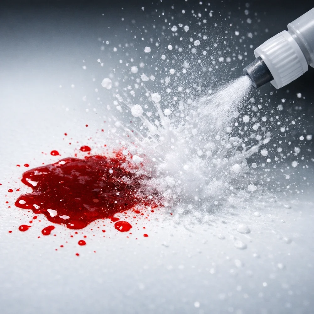 Laboratory photograph of 'Rapid Hemoglobin Disruption'. shows a blood stain disappearing instantly when contacted by a high-concentration H2O2 spray. High-speed scientific capture, sharp focus, professional lighting.