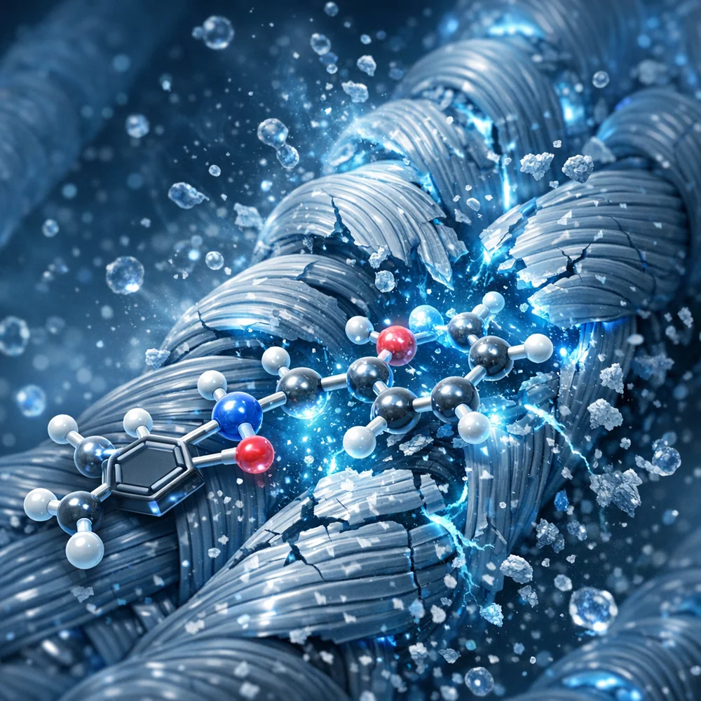 Molecular visualization of 'DEET' (N,N-Diethyl-meta-toluamide) attacking plastic fibers. shows the solvent penetrating and softening synthetic polymers like polyester. High-tech scientific rendering, glowing chemical bonds, clinical blue aesthetic, 8k.