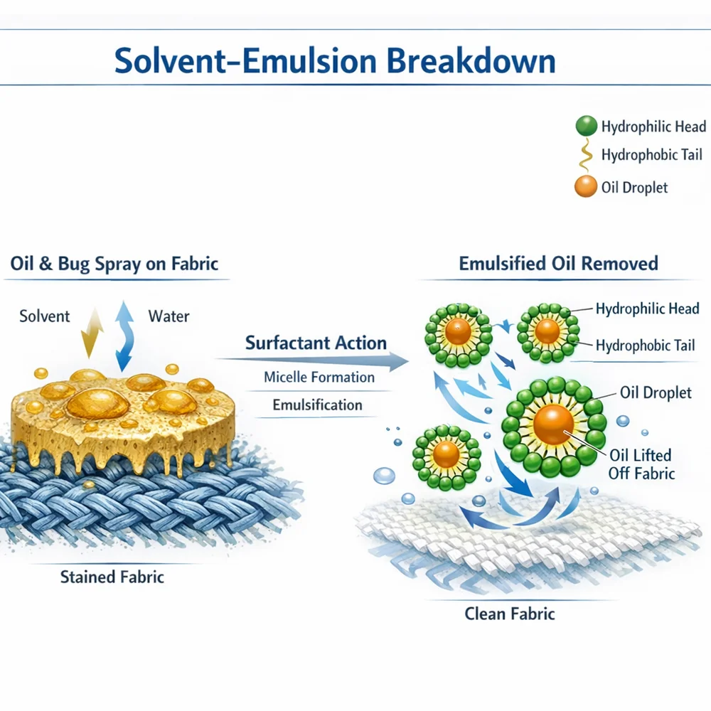 Technical diagram of 'Solvent-Emulsion Breakdown'. illustrates how surfactants surround and lift oily bug spray components away from the fabric. Engineering schematic, fluid dynamics, clinical white background.