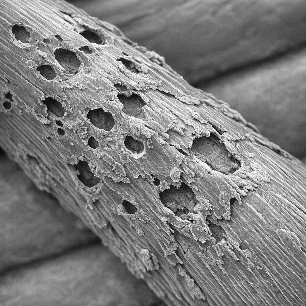 Microscopic view of 'Synthetic Fiber Damage' from insect repellant. shows pitting and surface warping on a nylon jacket fiber. Scientific monochrome aesthetic, sharp detail, 4k resolution.