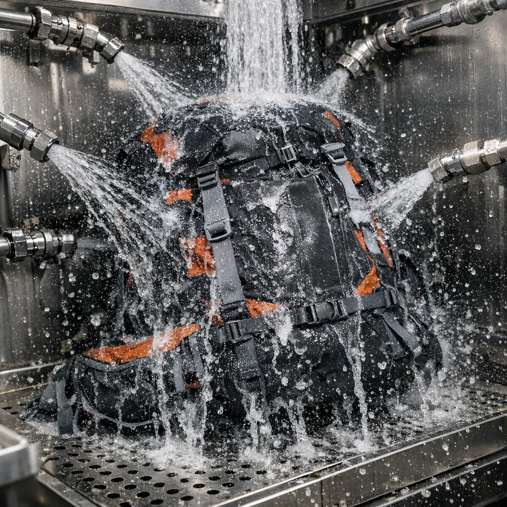 Laboratory photograph of 'Aqueous Extraction' for gear. shows a specialized gear washer flushing out chemical residues from a hiking backpack. High-speed scientific capture, professional lighting, photorealistic.