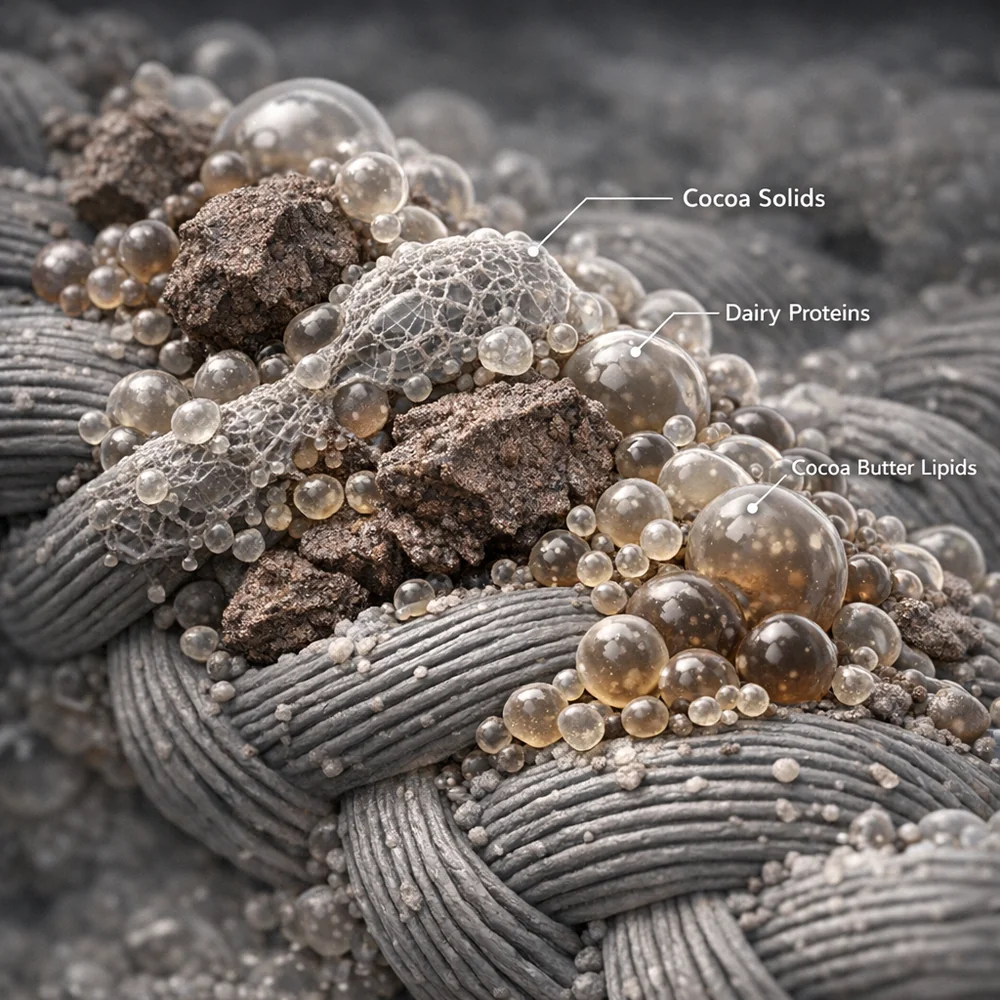 Scientific 3D model of 'Chocolate Composition'. shows a complex matrix of cocoa solids, dairy proteins, and cocoa butter lipids on a fabric fiber. High-tech medical visualization, clinical grey and brown hues, 8k.