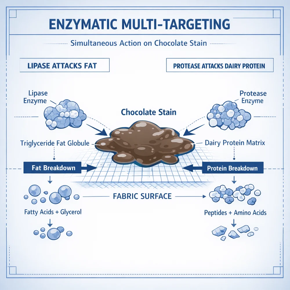 Technical diagram of 'Enzymatic Multi-Targeting'. illustrates how Lipase attacks the fat and Protease attacks the dairy protein in a chocolate stain simultaneously. Engineering schematic, clinical blue and white background.