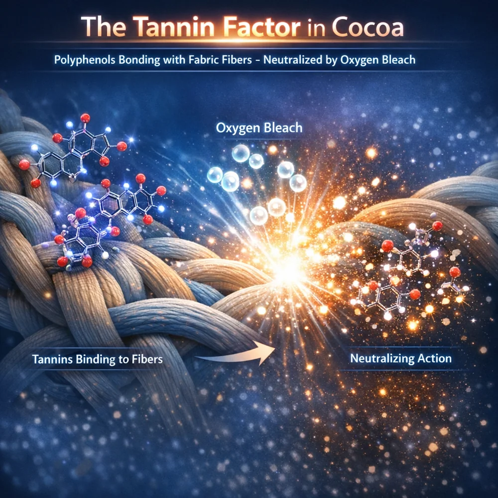 Molecular representation of 'The Tannin Factor' in cocoa. shows the polyphenolic molecules bonding with fabric fibers and being neutralized by oxygen bleach. High-tech medical animation style, glowing oxidative particles.